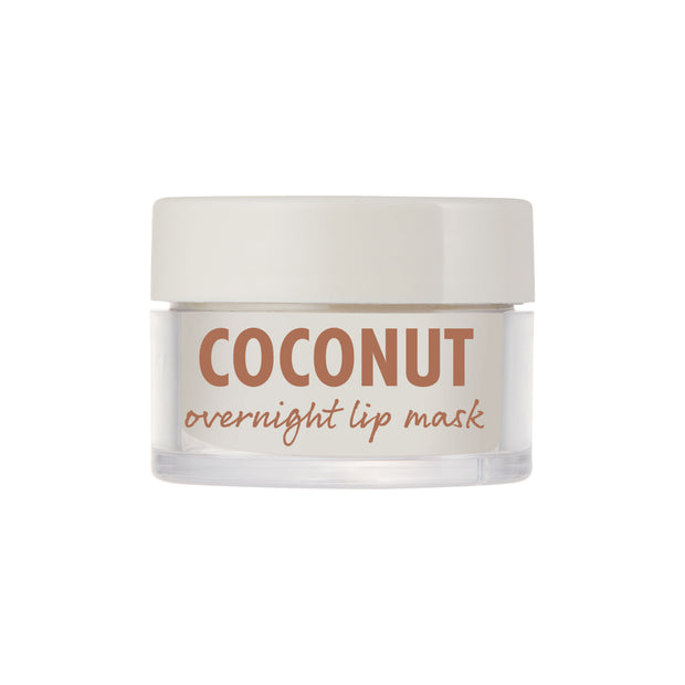 Clear jar of Coconut ColourPop Lip Mask with off-white cap, the label reading 'COCONUT overnight lip mask,' shown closed and upright, offering hydrating overnight treatment; minimal packaging isolated on a white background.