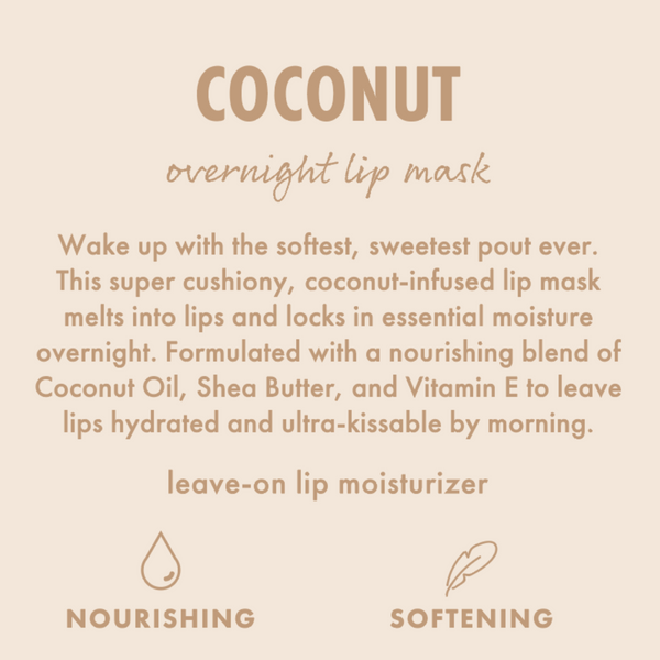 Coconut ColourPop Lip Mask presented on a beige infographic, promoting an overnight leave-on lip moisturizer that melts into lips to lock in moisture; made with coconut oil, shea butter, and vitamin E, with nourishing and softening icons.
