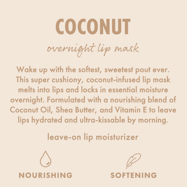 Coconut ColourPop Lip Mask presented on a beige infographic, promoting an overnight leave-on lip moisturizer that melts into lips to lock in moisture; made with coconut oil, shea butter, and vitamin E, with nourishing and softening icons.