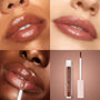 ColourPop Ultra Glossy Lip in Coffee Break coats lips with high-shine, warm brown nude gloss; applicator glides on in close-up swatches across multiple skin tones, with product tube and doe-foot wand shown on a soft brown backdrop.