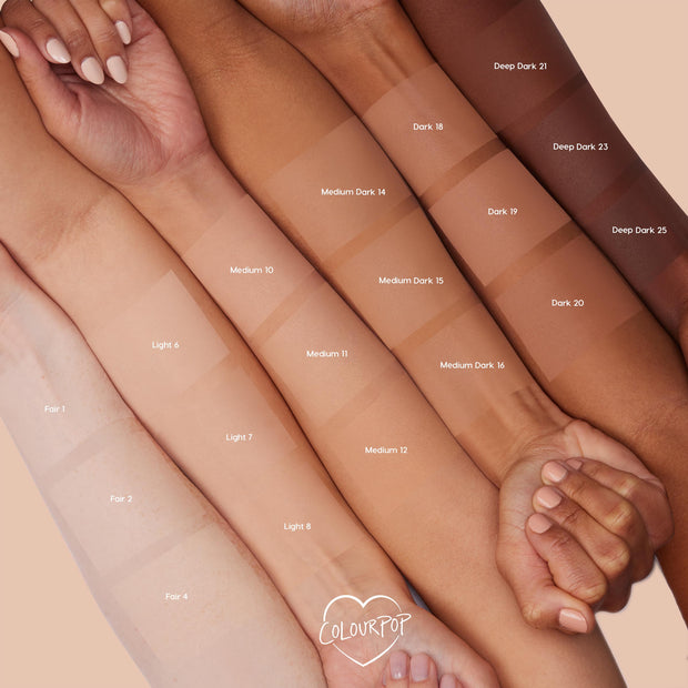 ColourPop Pretty Fresh Face Powder in Fair 1 swatched on a forearm, a light ivory pressed powder; multiple arms show labeled swatches from fair to deep on a nude background, highlighting the full ColourPop Pretty Fresh Face Powder shade range.
