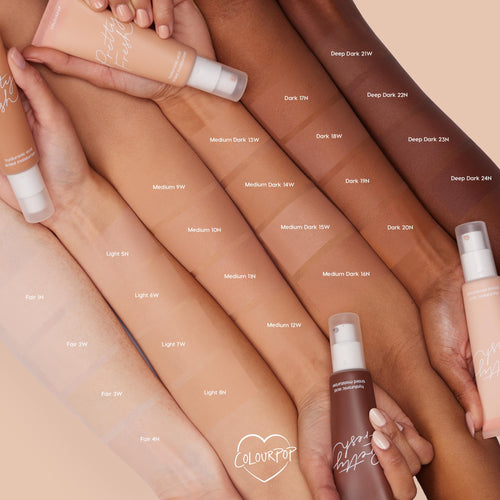 ColourPop Pretty Fresh Tinted Moisturizer in Fair 1 N swatched on a forearm, with the pump tube held nearby, shown alongside multiple arms displaying the full shade range against a nude backdrop for easy shade matching.