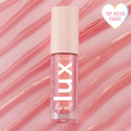 ColourPop Lux Lip Oil in Comb By shade standing upright, displaying a shimmery pink gloss in a clear tube with a blush cap and star accents, set against a rippled pink backdrop with a heart badge reading Top Rated Shade.