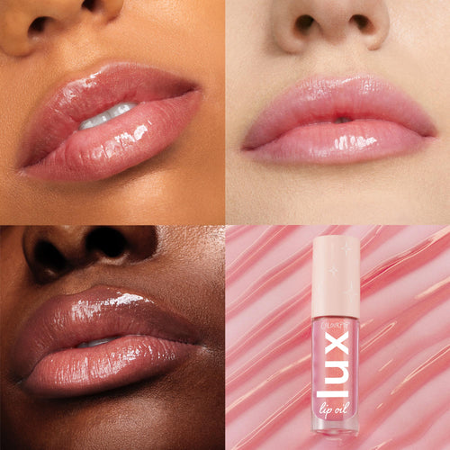 Comb By Lux Lip Oil slicking a glossy sheer pink across three close-up lips in varied skin tones, arranged in a four-panel grid, with a ColourPop Lux Lip Oil bottle on pink swirls showcasing cushiony shine and hydration.