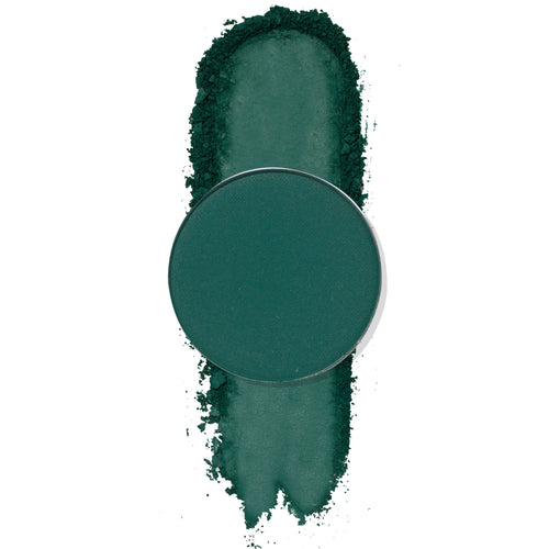 ColourPop Conjour Up pressed powder shadow in a round single pan, deep forest green matte, shown swatched in a vertical smear beneath the pan on a white background.