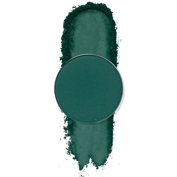 ColourPop Conjour Up pressed powder shadow in a round single pan, deep forest green matte, shown swatched in a vertical smear beneath the pan on a white background.