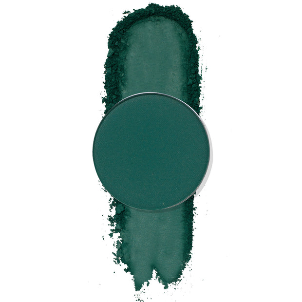 ColourPop Conjour Up pressed powder shadow in a round single pan, deep forest green matte, shown swatched in a vertical smear beneath the pan on a white background.