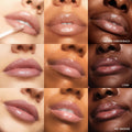 Close-up lips model Cool Nudes ColourPop Ultra Glossy Lip in a 3x3 grid, including a doe-foot applying gloss; swatches across varied skin tones show cool nude shades Major Throwback, Lynx, and Hit Snooze with a high-shine finish.