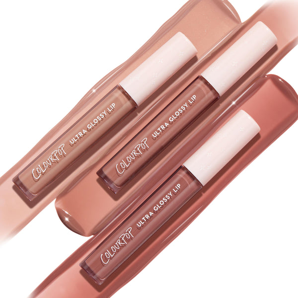 Three ColourPop Ultra Glossy Lip tubes in Cool Nudes arranged diagonally over matching swatches, showcasing cool‑toned beige, taupe, and rosy nude glosses with white star caps and a high‑shine finish - an everyday lip gloss set.