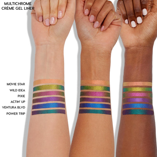 Chrome on Chrome Chrome Crème Gel Liner by ColourPop swatched in six multichrome stripes on three forearms (light, medium, deep), shades Movie Star, Wild Idea, Pixie, Actin' Up, Ventura Blvd, Power Trip, showing bold metallic color shifts.