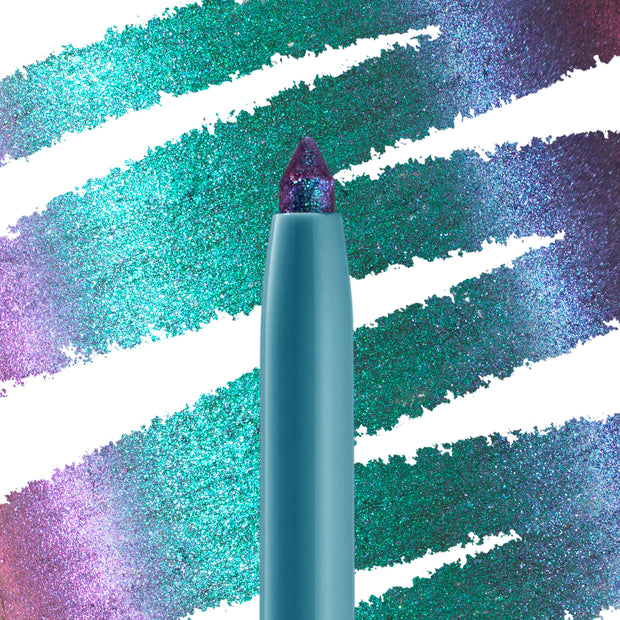 Power Trip Chrome Crème Gel Liner shows its pointed multichrome tip in a teal tube, drawing bold teal‑green‑purple shimmer swatches across a white backdrop; ColourPop Chrome Crème Gel Liner for statement eye looks.