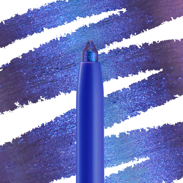 Chrome Dreams ColourPop Chrome Crème Gel Liner pencil tip glistens with multichrome blue-to-violet shimmer, drawing bold metallic swatches across a white-slashed backdrop to showcase creamy texture, precise tip, and high-impact payoff.