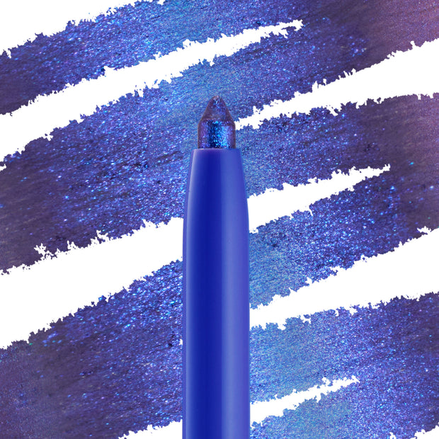 Chrome Dreams ColourPop Chrome Crème Gel Liner pencil tip glistens with multichrome blue-to-violet shimmer, drawing bold metallic swatches across a white-slashed backdrop to showcase creamy texture, precise tip, and high-impact payoff.