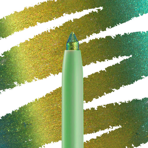 Wild Idea ColourPop Chrome Crème Gel Liner displays a multichrome tip shifting teal, green, and gold, drawing creamy strokes across a swatched backdrop; mint twist-up pencil in macro close-up for bold, long-wear eye looks.