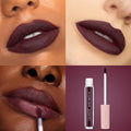 Currant Mood Ultra Matte Lip by ColourPop displayed in a grid: deep plum-burgundy lipstick on close-up lips across diverse skin tones, one panel showing application with a doe-foot, and another featuring the ColourPop Ultra Matte Lip tube and wand.