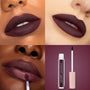 Currant Mood Ultra Matte Lip by ColourPop displayed in a grid: deep plum-burgundy lipstick on close-up lips across diverse skin tones, one panel showing application with a doe-foot, and another featuring the ColourPop Ultra Matte Lip tube and wand.