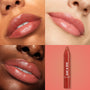 Cutie Fruity lip tint by Colourpop coating three pairs of smooth, glossy lips in a warm rose shade, shown in a grid beside the crayon-style tube labeled “just a tint,” promoting Colourpop Lipstick & Lip Stains for diverse skin tones.