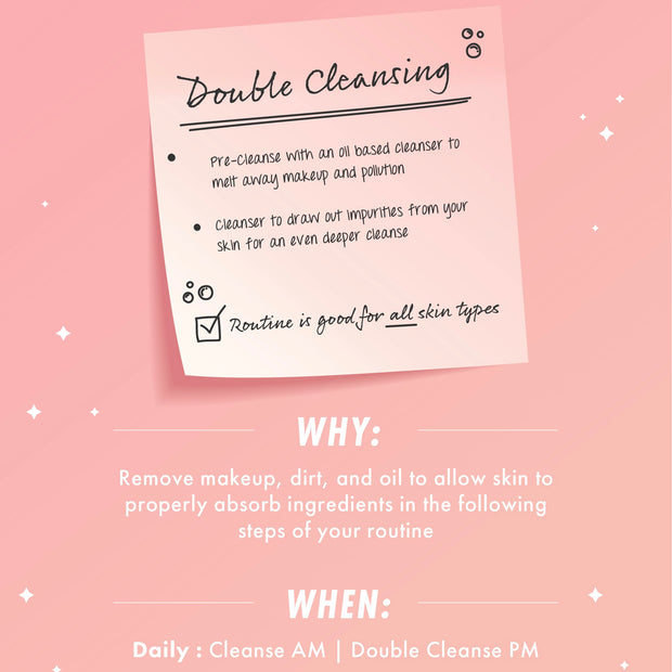 BFD Oil Cleanser kick-starting a double cleansing routine - oil pre-cleanse melts makeup and pollution before a second cleanser deep-cleans - presented on a pink sticky-note infographic with why and when tips; ColourPop face cleanser.