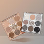 Brewtiful Neutrals ColourPop Shadow Palette Set showing two open 9-pan palettes - Deja Brew and Gone Metal - featuring warm browns, taupes, silvery metallics, and black in matte, shimmer, and glitter finishes, angled on a soft beige gradient backdrop.