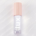ColourPop Dew Drop Lux Lip Oil lying flat, a clear high-shine formula in a rectangular tube with blush-pink cap printed with starbursts and bold lux lettering, set on a pearlescent swirled backdrop for a glossy finish.