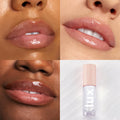 Glossy lips wear Dew Drop Lux Lip Oil, a clear high-shine ColourPop Lux Lip Oil, across three close-up swatches on different skin tones, with the LUX lip oil bottle and star-print blush pink cap shown on a white wavy backdrop.