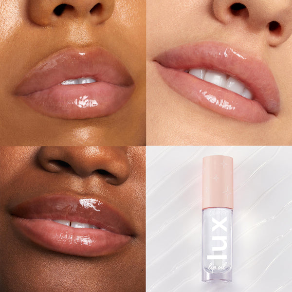 Glossy lips wear Dew Drop Lux Lip Oil, a clear high-shine ColourPop Lux Lip Oil, across three close-up swatches on different skin tones, with the LUX lip oil bottle and star-print blush pink cap shown on a white wavy backdrop.