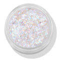 Open pot of Disco Lady ColourPop Glitter Gel shimmering with chunky iridescent opal flakes suspended in a clear gel, viewed top-down on a white background, face-and-body glitter ready for festival or party makeup.