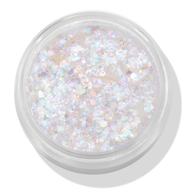 Open pot of Disco Lady ColourPop Glitter Gel shimmering with chunky iridescent opal flakes suspended in a clear gel, viewed top-down on a white background, face-and-body glitter ready for festival or party makeup.