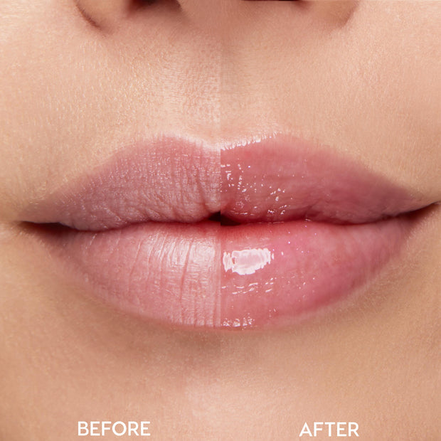 Close-up split view of lips showing before-and-after results using the Beautiful Belle Disney Princess Belle Lip Mask & Ultra Glossy Lip, with the left side dry and the right side plump, smooth, and high-shine pink.