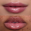 Close-up of two models’ lips wearing Beautiful Belle Belle Lip Mask & Ultra Glossy Lip, showing a high-shine, pink shimmer Disney Princess gloss finish on different skin tones against a clean studio backdrop.
