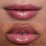 Close-up of two models’ lips wearing Beautiful Belle Belle Lip Mask & Ultra Glossy Lip, showing a high-shine, pink shimmer Disney Princess gloss finish on different skin tones against a clean studio backdrop.