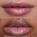 Two close-up shots of models’ lips wearing Princess Pout full collection set, showcasing sheer pink, ultra glossy Disney Princess lip gloss with fine shimmer on different skin tones against a neutral background.