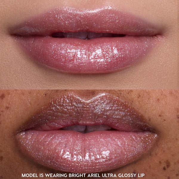 Two close-up shots of models’ lips wearing Princess Pout full collection set, showcasing sheer pink, ultra glossy Disney Princess lip gloss with fine shimmer on different skin tones against a neutral background.