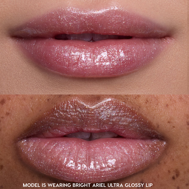 Two close-up shots of models’ lips wearing Princess Pout full collection set, showcasing sheer pink, ultra glossy Disney Princess lip gloss with fine shimmer on different skin tones against a neutral background.