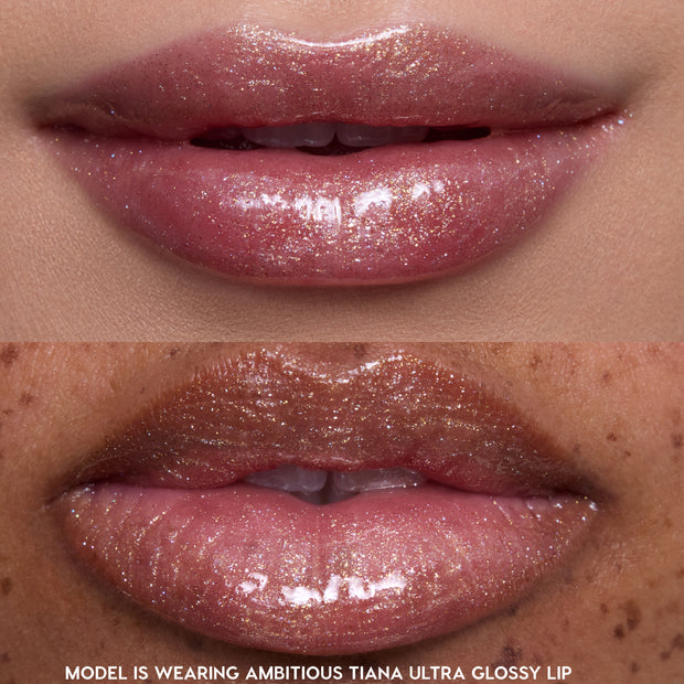 Close-up of two models’ lips wearing Princess Pout full collection set, showcasing sheer pink Disney Princess ultra glossy lip color with multidimensional gold shimmer on smooth, hydrated lips against bare skin.