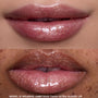 Close-up of two models’ lips wearing Princess Pout full collection set, showcasing sheer pink Disney Princess ultra glossy lip color with multidimensional gold shimmer on smooth, hydrated lips against bare skin.