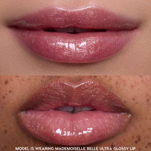 Two close-up shots of models’ lips wearing Princess Pout Disney Princess full collection set gloss in a shimmery pink shade, showing ultra-glossy, high-shine finish on different skin tones for comparison.
