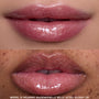 Two close-up shots of models’ lips wearing Princess Pout Disney Princess full collection set gloss in a shimmery pink shade, showing ultra-glossy, high-shine finish on different skin tones for comparison.