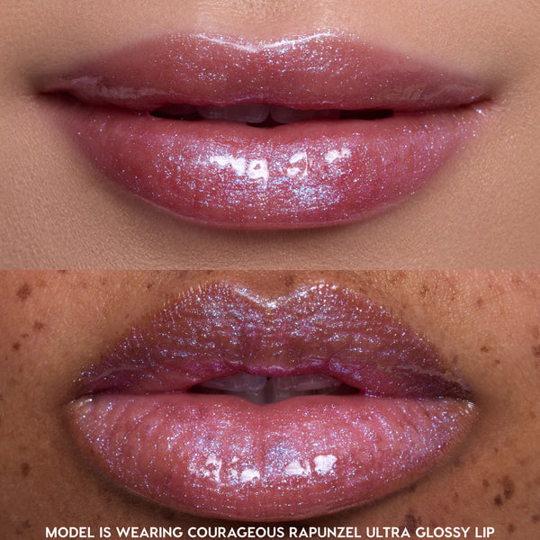 Close-up split view of two models’ lips wearing Princess Pout Disney Princess full collection gloss, showing the same iridescent pink ultra glossy finish sparkling on different skin tones.