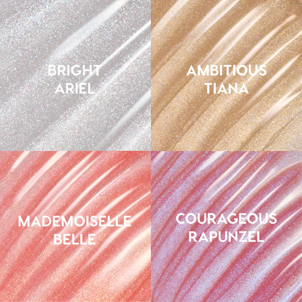 Princess Pout full collection set swatches showing four Disney Princess ultra glossy lip shades in a grid: silver Bright Ariel, gold Ambitious Tiana, coral Mademoiselle Belle, and pink-lilac Courageous Rapunzel with shimmering finish.