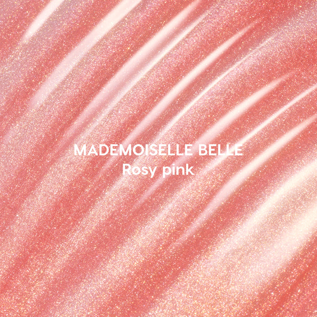 Mademoiselle Belle Ultra Glossy Lip swatch showing shimmery rosy pink Disney Princess–inspired lip gloss spread in smooth, diagonal streaks with fine gold sparkle on a metallic background, highlighting its ultra-glossy finish.
