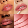 Lips wearing ColourPop Doozy Ultra Blotted Lip apply a soft rosy pink blotted-matte tint, shown across multiple skin tones in a four-panel grid with a doe-foot applicator and smooth swatch ribbons highlighting the shade payoff.