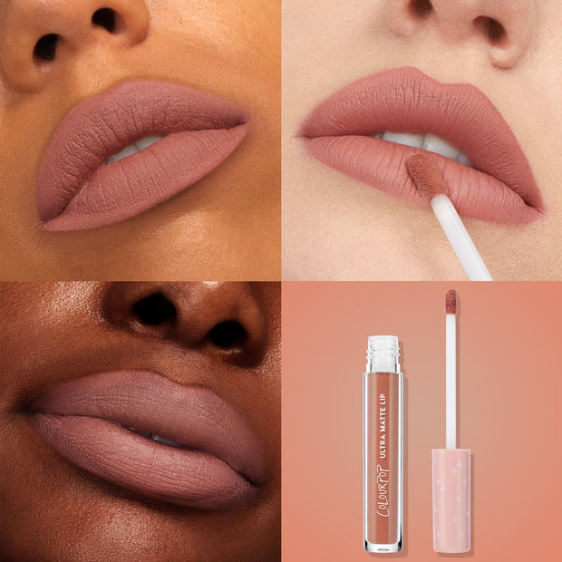 ColourPop Ultra Matte Lip Double Date coats lips in a soft rosy nude; applicator applies pigment in one panel while two other close-ups show the matte finish across multiple skin tones, alongside the open tube with star-print cap on a peach backdrop.