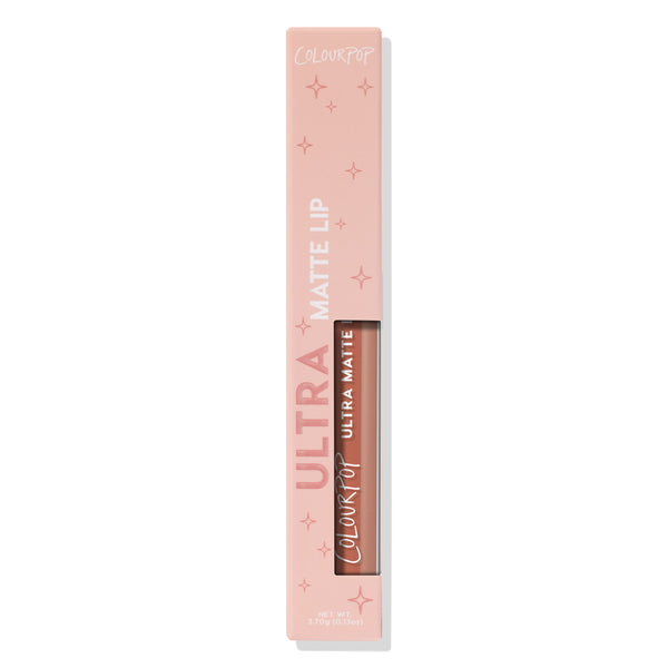 ColourPop Ultra Matte Lip Double Date liquid lipstick standing upright, warm nude shade, in a blush pink box with star accents and a cutout window revealing the tube, 3.7g (0.13 oz), retail packaging on a white background.
