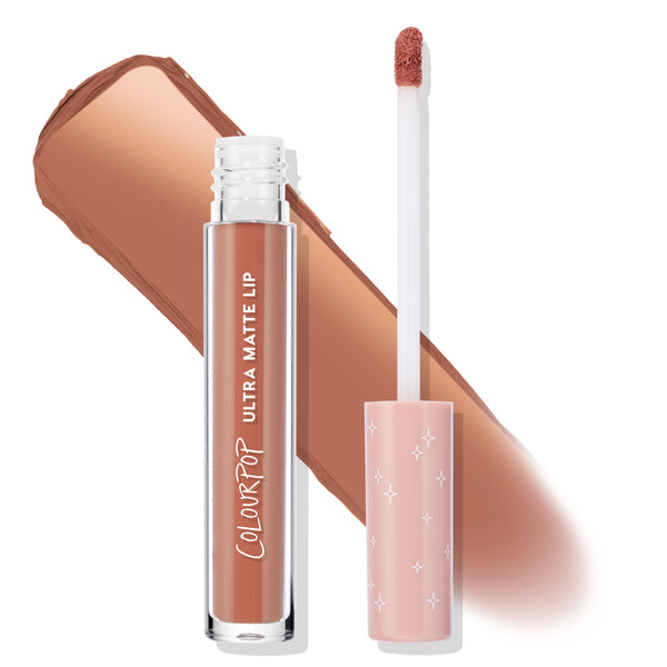 ColourPop Ultra Matte Lip Double Date liquid lipstick displaying a warm nude brown swatch, with the open clear tube and white lettering, doe-foot applicator, and pink star-print cap on a white studio background.