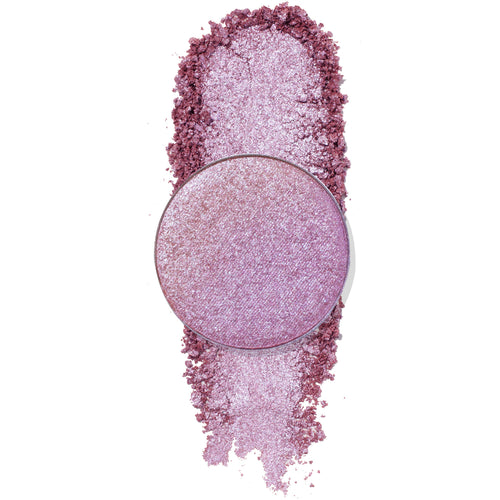 Earthshine pressed powder shadow by ColourPop, a round pan of iridescent lavender-pink shimmer, displayed with crushed pigment swatched in a vertical streak beneath it on a clean white background.