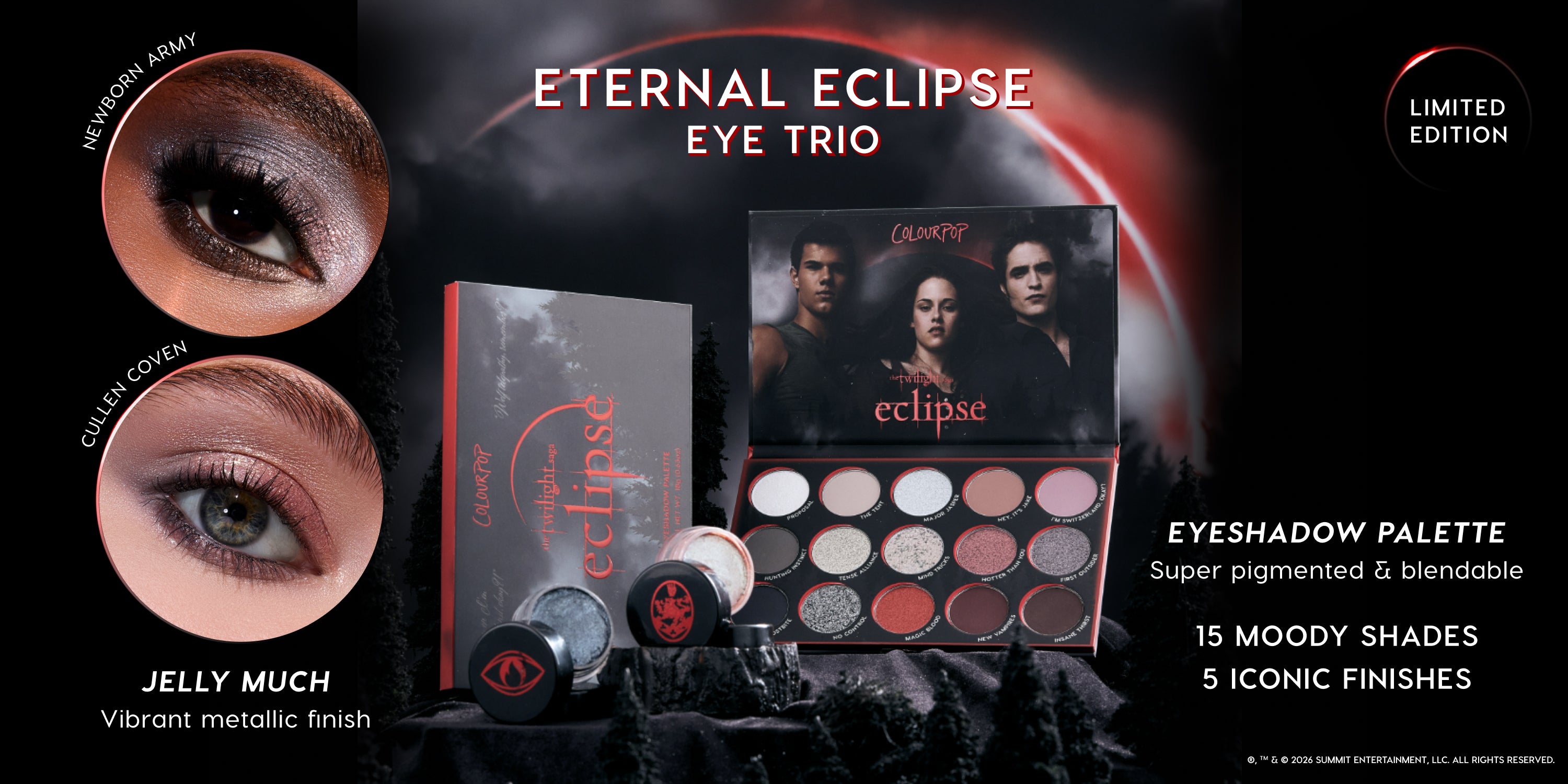 ColourPop Eternal Eclipse Eye Trio limited edition set showing open Twilight Eclipse eyeshadow palette with 15 moody shades and two Jelly Much pots in a dark, eclipse-themed background, plus close-ups of shimmery Newborn Army and Cullen Coven eye looks.