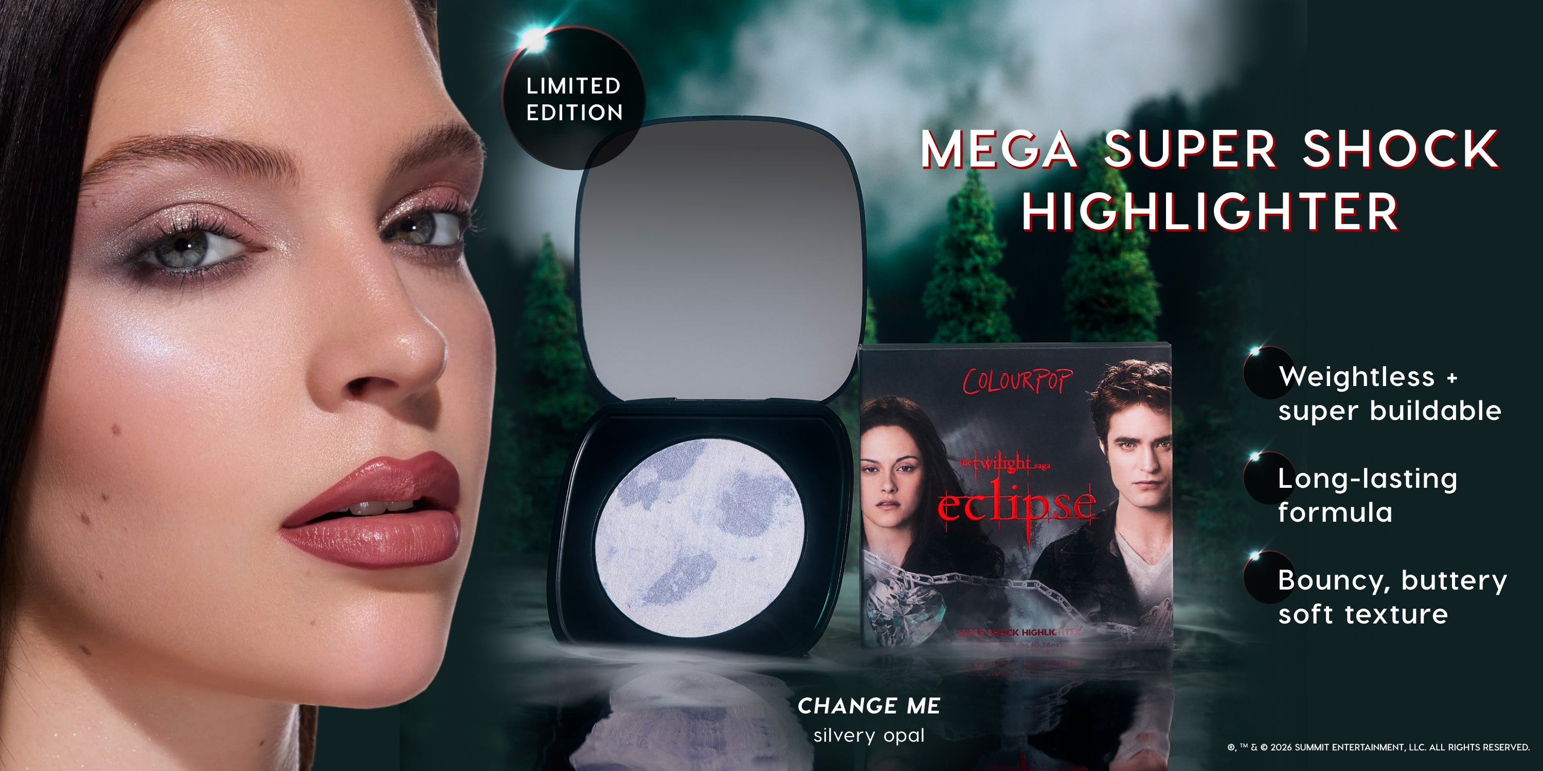 ColourPop Mega Super Shock Highlighter in Twilight Eclipse themed compact shown on a model’s cheek, with open silvery opal pan and product box against a misty forest backdrop, highlighting weightless, long‑lasting, bouncy soft formula benefits.