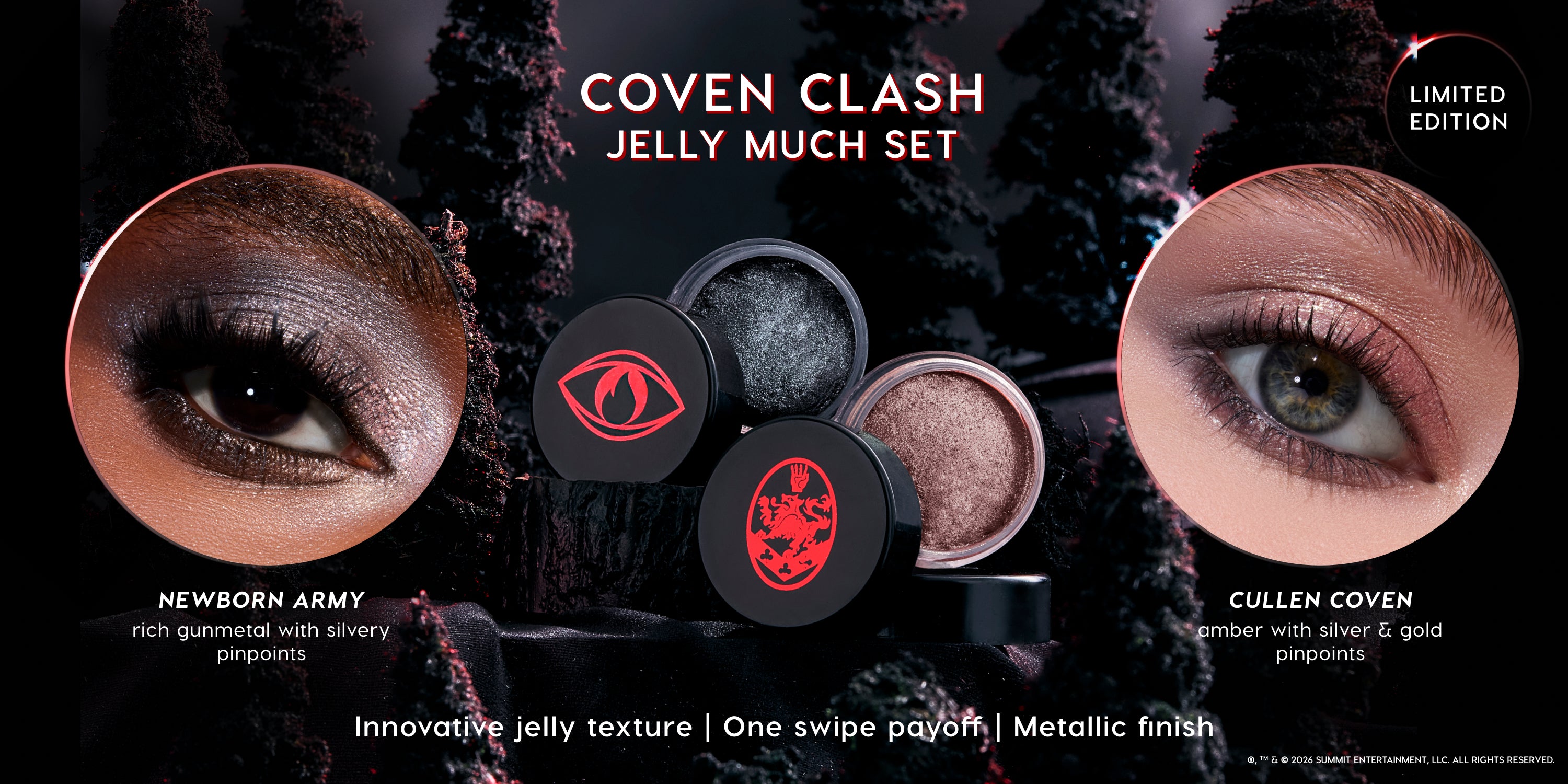 Coven Clash Jelly Much Set limited edition eyeshadows displayed in open black pots with red Twilight Saga symbols, showing metallic gunmetal Newborn Army and amber Cullen Coven shades on models’ eyelids against a dark, moody forest backdrop.