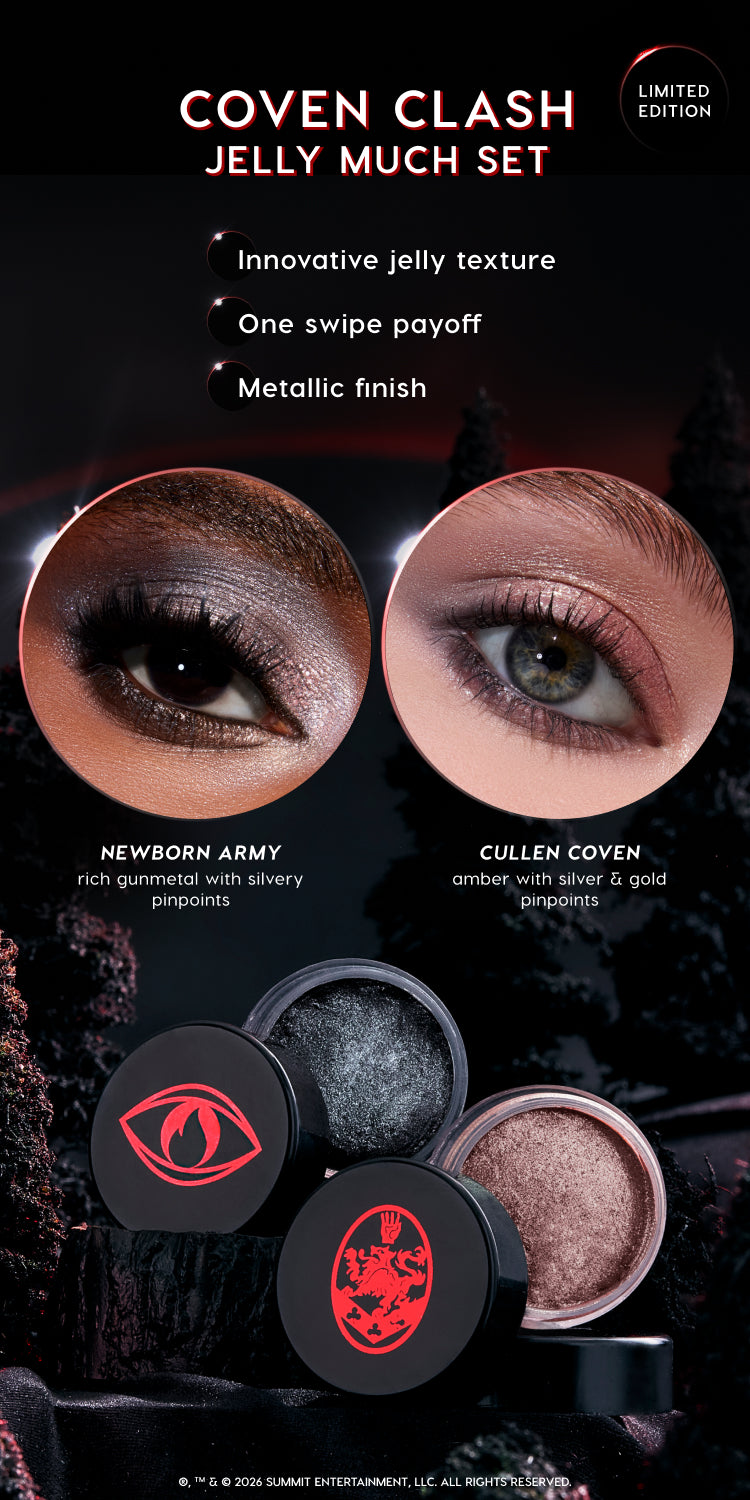 Coven Clash Jelly Much Set limited edition eyeshadows shown swatched on eyelids in shades Newborn Army (rich gunmetal with silvery pinpoints) and Cullen Coven (amber with silver and gold pinpoints), with two open jelly metallic pots in sleek black Twilight-themed packaging on a dark, moody background.